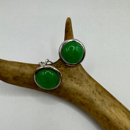 Vintage Gemstone Earrings | Green Jade Crystal Birthstone | 925 Sterling Round Silver Button Earrings