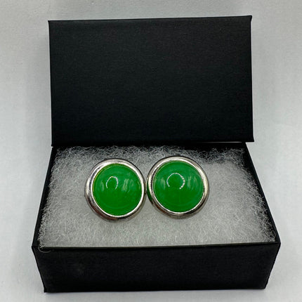 Vintage Gemstone Earrings | Green Jade Crystal Birthstone | 925 Sterling Round Silver Button Earrings
