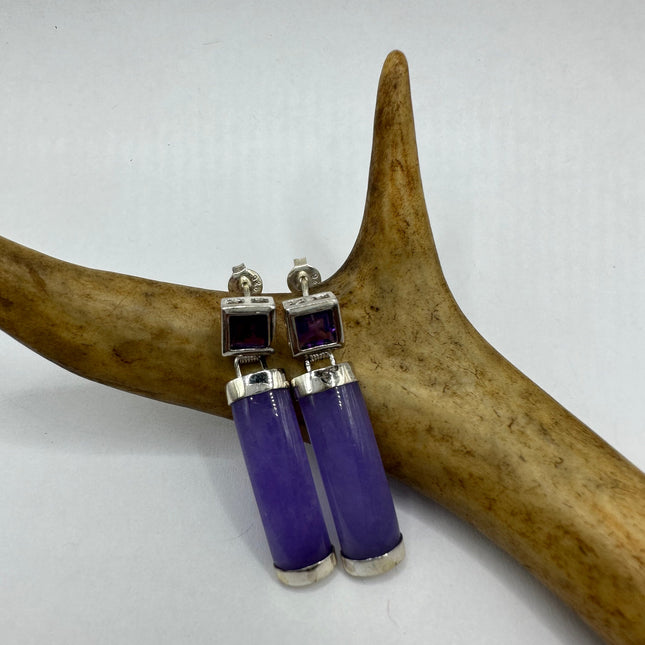 Vintage Lavender Purple Jade Drop Dangle Earrings - 925 Sterling Silver