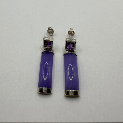 Vintage Lavender Purple Jade Drop Dangle Earrings - 925 Sterling Silver