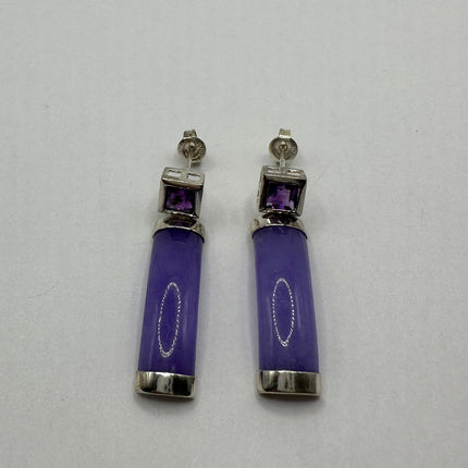 Vintage Lavender Purple Jade Drop Dangle Earrings - 925 Sterling Silver