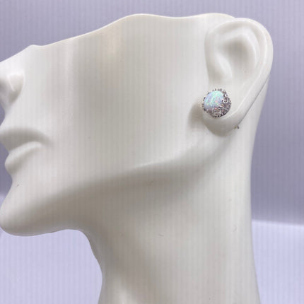 Vintage Silver Earrings | Tiny White Fire Opal Gemstone | 925 Sterling Silver Stud Button Earrings | Minimalist Everyday Jewelry