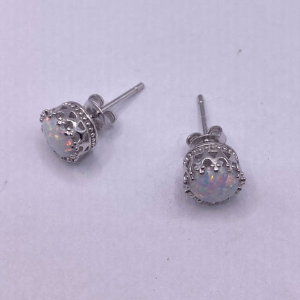 Vintage Silver Earrings | Tiny White Fire Opal Gemstone | 925 Sterling Silver Stud Button Earrings | Minimalist Everyday Jewelry