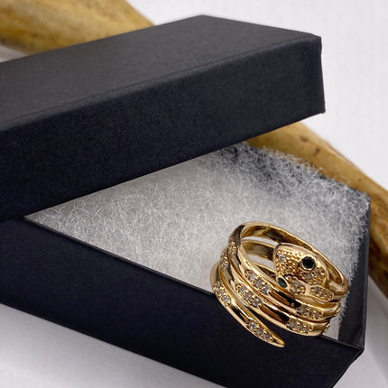 Vintage Gold Snake Ring | Cubic Zirconia Crystal Diamond Gemstones 9k Gold Filled Band | Unique Gift Serpent Statement Cocktail Ring