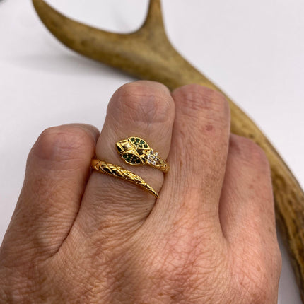 Vintage Gold Snake Ring | Green and Cubic Zirconia Crystal Diamond Gemstones 9k Gold Filled Band | Unique Gift Serpent Statement Ring