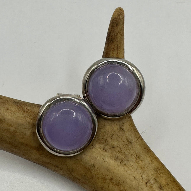 Vintage Silver Earrings | Lavender Purple Jade Gemstone 925 Sterling Silver Button Earrings