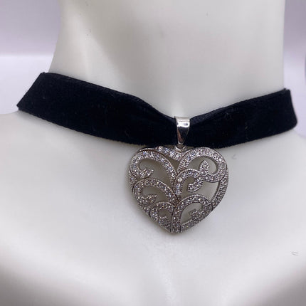 Vintage Cubic Zirconia Heart Choker 925 Sterling Silver Necklace