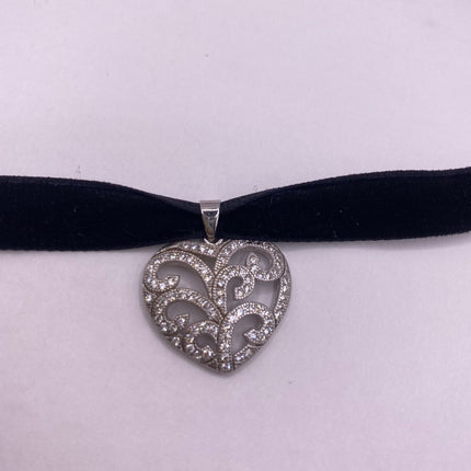 Vintage Cubic Zirconia Heart Choker 925 Sterling Silver Necklace