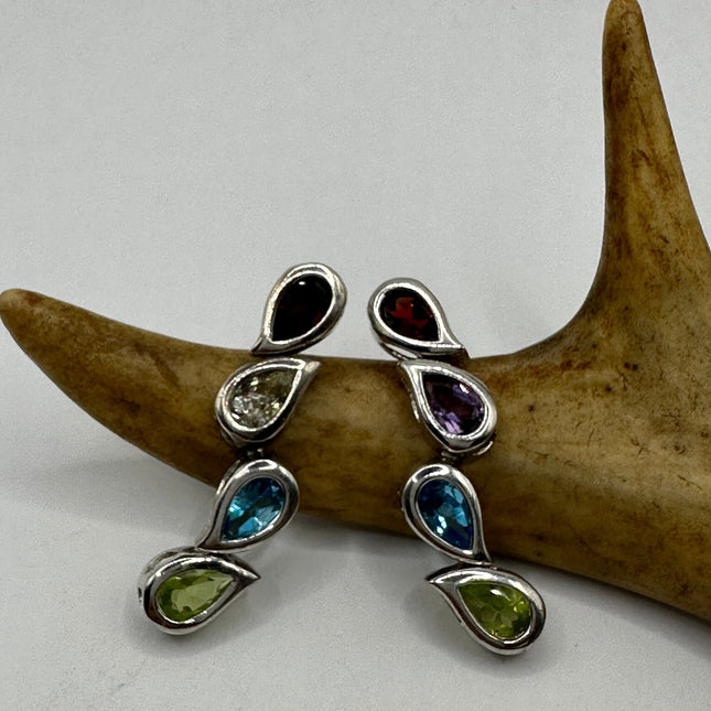 Vintage Silver Earrings | Mixed Color Purple Amethyst Chandelier Earrings - 925 Sterling Silver - Matching Bracelet Available!