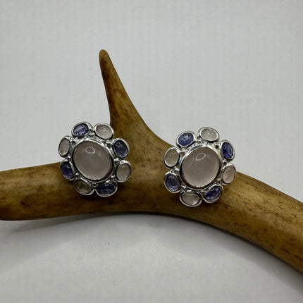 Vintage Silver Earrings | Rose Quartz Iolite Button Gemstone 925 Sterling Silver Flower Design Earrings