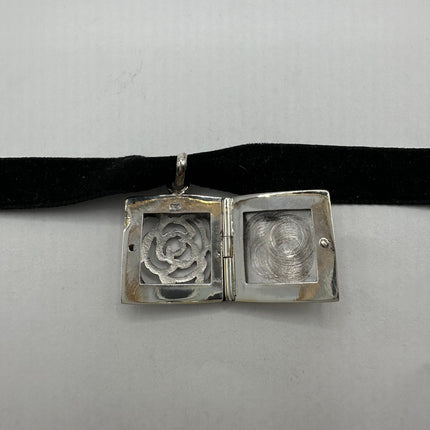 Vintage Silver Photo Locket | Rose Design 925 Sterling Silver Pendant Locket Velvet Choker Necklace | Photo Memory Engravable Charm Necklace