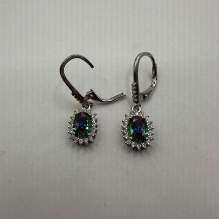 Vintage Silver Earrings | Blue Mystic Topaz White Sapphire Gemstone Dangle Drop Chandelier Earrings | 925 Sterling Silver