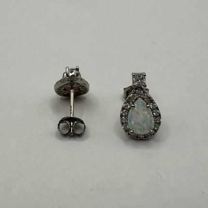 Vintage Silver Earrings | White Fire Opal Stud Button Earrings