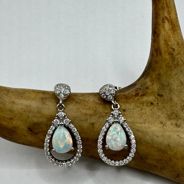 Vintage Silver Earrings | White Fire Opal Stud Button Earrings