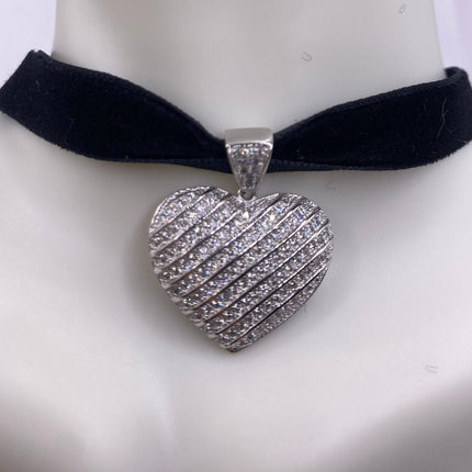 Vintage Cubic Zirconia Heart Velvet Choker - 925 Sterling Silver Necklace - Antique Design