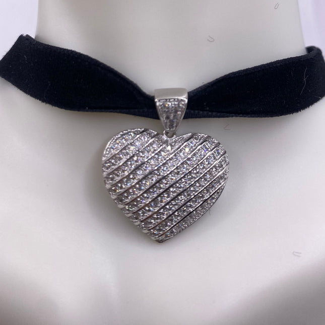 Vintage Cubic Zirconia Heart Velvet Choker - 925 Sterling Silver Necklace - Antique Design