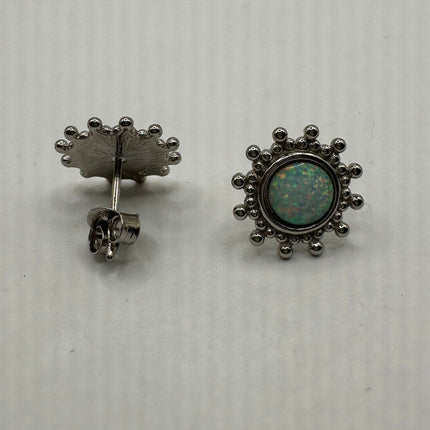 Vintage Silver Earrings | White Fire Opal Stud Button Earrings