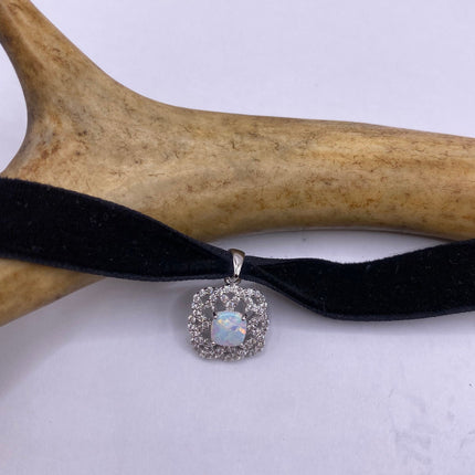 Vintage Silver Pendant Necklace | Tiny White Fire Opal Gemstone Cubic Zirconia Diamond | Sterling Silver Velvet Ribbon Choker Necklace