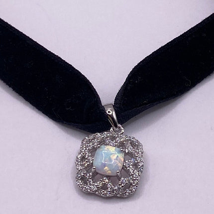 Vintage Silver Pendant Necklace | Tiny White Fire Opal Gemstone Cubic Zirconia Diamond | Sterling Silver Velvet Ribbon Choker Necklace