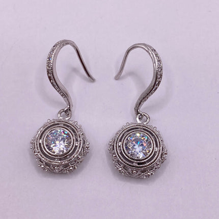 Vintage Silver Earrings | White Sapphire Deco Gemstone Dangle Drop | 925 Sterling Silver Earrings