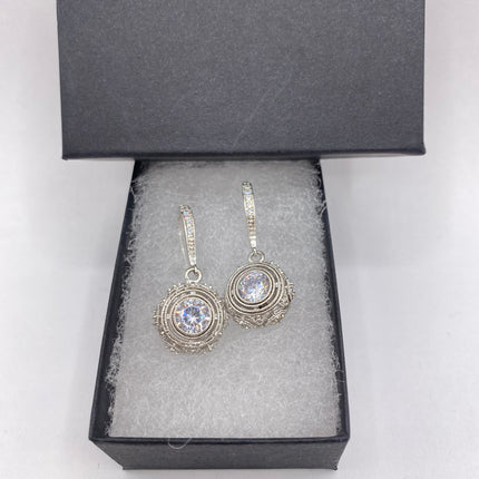 Vintage Silver Earrings | White Sapphire Deco Gemstone Dangle Drop | 925 Sterling Silver Earrings