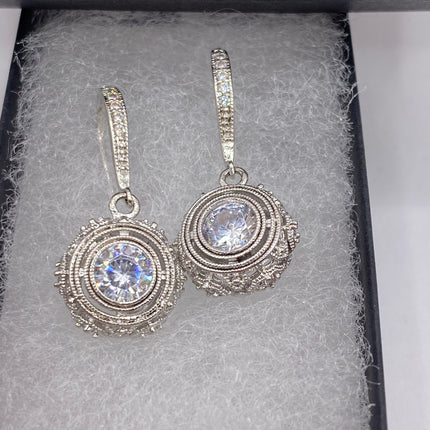 Vintage Silver Earrings | White Sapphire Deco Gemstone Dangle Drop | 925 Sterling Silver Earrings