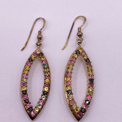 Vintage Rose Gold Earrings | Deco Watermelon Tourmaline Crystal Gemstones | Pave Set Golden 925 Sterling Silver Dangle Chandelier Earrings