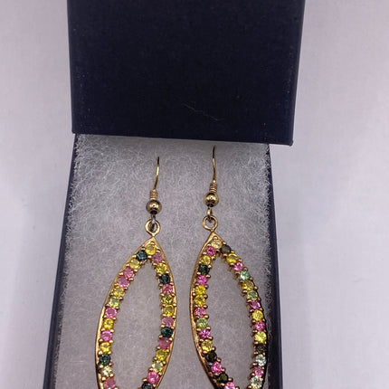 Vintage Rose Gold Earrings | Deco Watermelon Tourmaline Crystal Gemstones | Pave Set Golden 925 Sterling Silver Dangle Chandelier Earrings