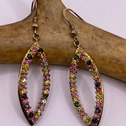 Vintage Rose Gold Earrings | Deco Watermelon Tourmaline Crystal Gemstones | Pave Set Golden 925 Sterling Silver Dangle Chandelier Earrings