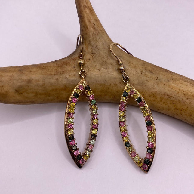 Vintage Rose Gold Earrings | Deco Watermelon Tourmaline Crystal Gemstones | Pave Set Golden 925 Sterling Silver Dangle Chandelier Earrings