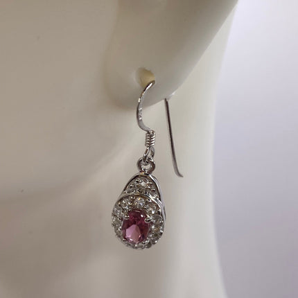 Vintage Silver Earrings | Pink Tourmaline White Sapphire Deco Gemstone Dangle Drop | 925 Sterling Silver Earrings