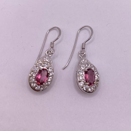 Vintage Silver Earrings | Pink Tourmaline White Sapphire Deco Gemstone Dangle Drop | 925 Sterling Silver Earrings