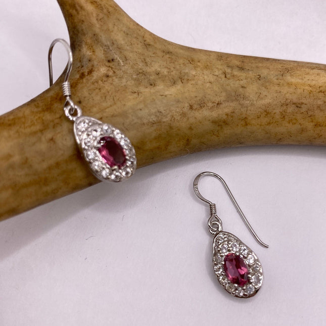 Vintage Silver Earrings | Pink Tourmaline White Sapphire Deco Gemstone Dangle Drop | 925 Sterling Silver Earrings