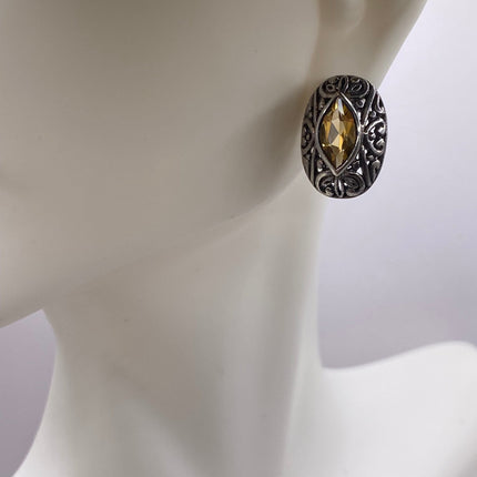 Vintage Silver Earrings | Citrine Gemstone Stud Button | 925 Sterling Silver Earrings