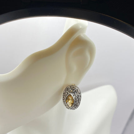 Vintage Silver Earrings | Citrine Gemstone Stud Button | 925 Sterling Silver Earrings