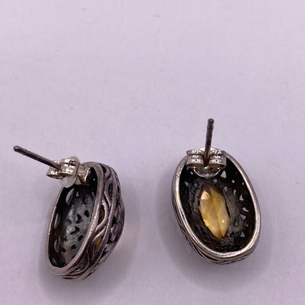 Vintage Silver Earrings | Citrine Gemstone Stud Button | 925 Sterling Silver Earrings