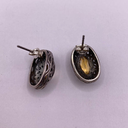 Vintage Silver Earrings | Citrine Gemstone Stud Button | 925 Sterling Silver Earrings
