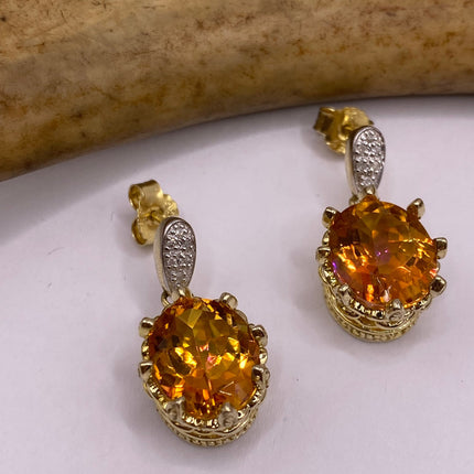 Vintage Gold Earrings | Citrine White Sapphire Deco Gemstone Dangle Drop | Golden 925 Sterling Silver Earrings