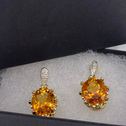Vintage Gold Earrings | Citrine White Sapphire Deco Gemstone Dangle Drop | Golden 925 Sterling Silver Earrings