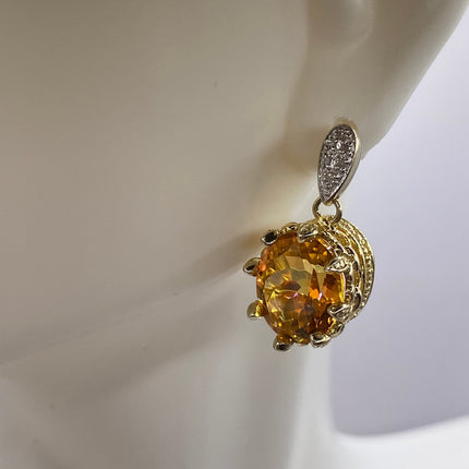 Vintage Gold Earrings | Citrine White Sapphire Deco Gemstone Dangle Drop | Golden 925 Sterling Silver Earrings