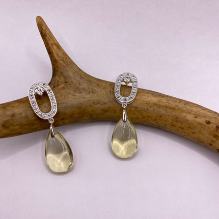 Vintage Silver Earrings | Citrine White Sapphire Deco Gemstone Dangle Drop | 925 Sterling Silver Earrings