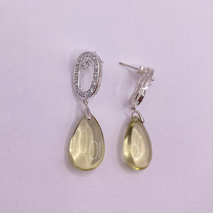 Vintage Silver Earrings | Citrine White Sapphire Deco Gemstone Dangle Drop | 925 Sterling Silver Earrings