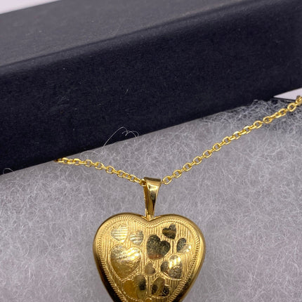 Vintage Gold Locket | Tiny 9k Gold Filled Heart Pendant Photo Memory Charm Engraved Tiny Hearts | Golden 925 Sterling Silver Chain Necklace