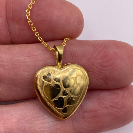 Vintage Gold Locket | Tiny 9k Gold Filled Heart Pendant Photo Memory Charm Engraved Tiny Hearts | Golden 925 Sterling Silver Chain Necklace
