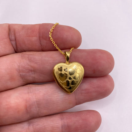 Vintage Gold Locket | Tiny 9k Gold Filled Heart Pendant Photo Memory Charm Engraved Tiny Hearts | Golden 925 Sterling Silver Chain Necklace