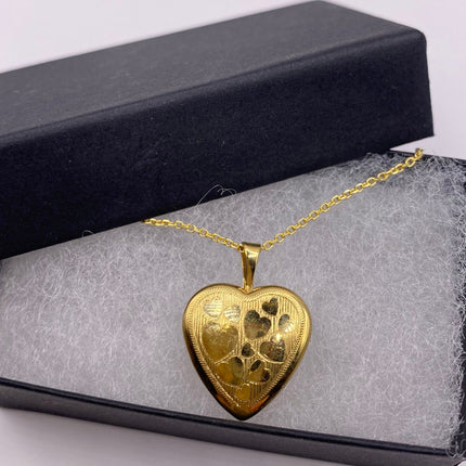 Vintage Gold Locket | Tiny 9k Gold Filled Heart Pendant Photo Memory Charm Engraved Tiny Hearts | Golden 925 Sterling Silver Chain Necklace