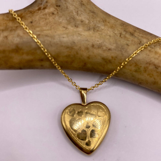 Vintage Gold Locket | Tiny 9k Gold Filled Heart Pendant Photo Memory Charm Engraved Tiny Hearts | Golden 925 Sterling Silver Chain Necklace