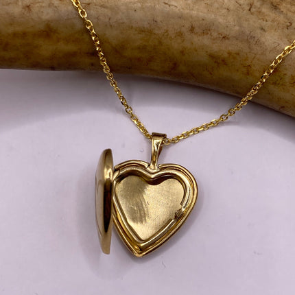 Vintage Gold Locket | Tiny 9k Gold Filled Heart Pendant Photo Memory Charm Engraved Two Hearts | Golden 925 Sterling Silver Chain Necklace
