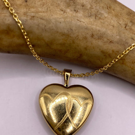 Vintage Gold Locket | Tiny 9k Gold Filled Heart Pendant Photo Memory Charm Engraved Two Hearts | Golden 925 Sterling Silver Chain Necklace