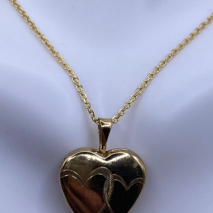 Vintage Gold Locket | Tiny 9k Gold Filled Heart Pendant Photo Memory Charm Engraved Two Hearts | Golden 925 Sterling Silver Chain Necklace